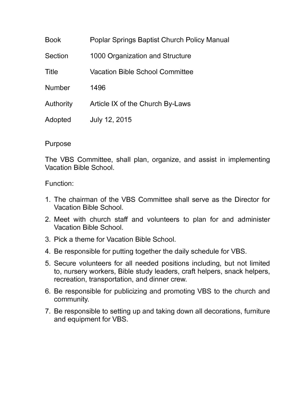 Church Policy 1496-VBS Committee – Poplar Springs