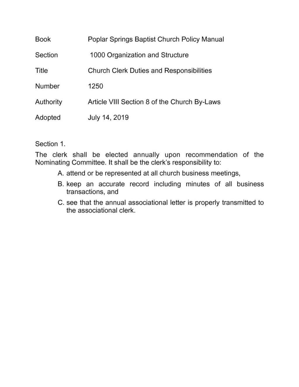 Church Policy 1250 Church Clerk duties and responsibilities Poplar